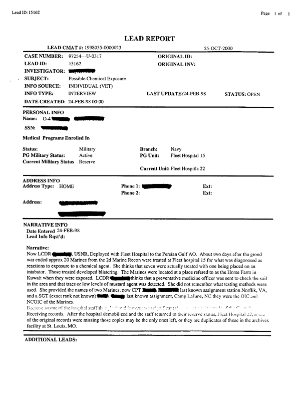 Lead Report #15162, Interview of nurse, Fleet Hospital 15, February 24, 1998