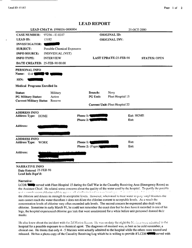 Lead Report #15182, Interview of assistant chief, Casualty Receiving Area, Fleet Hospital 15, February 25, 1998