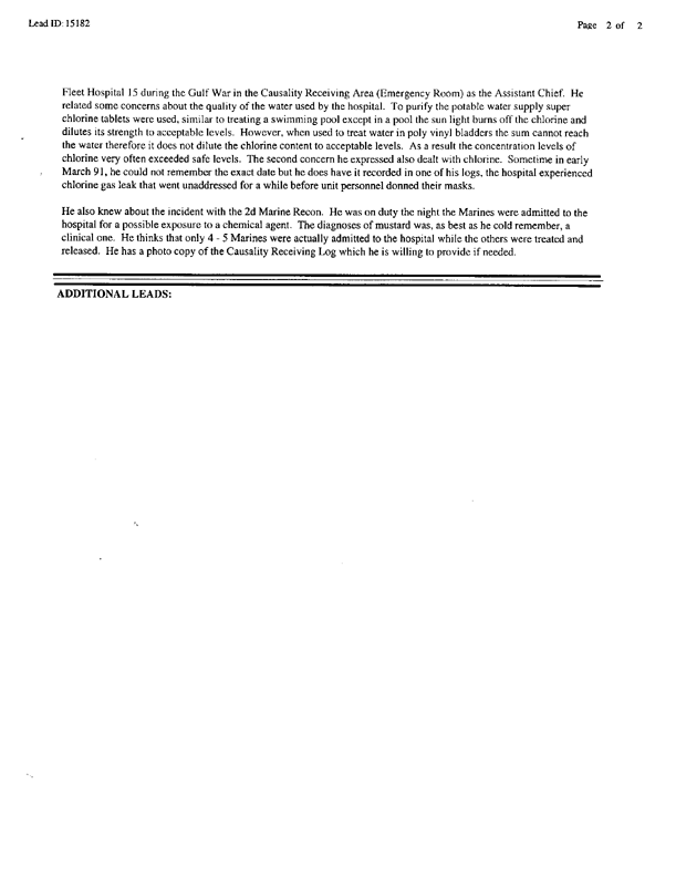 Lead Report #15182, Interview of assistant chief, Casualty Receiving Area, Fleet Hospital 15, February 25, 1998