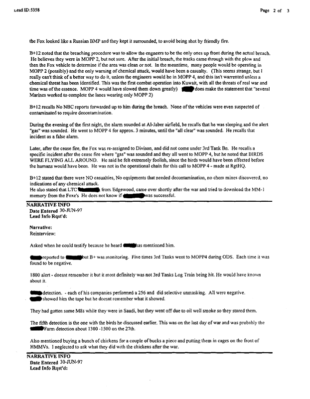Lead Sheet 5358, Interview with the 3d Tank Battalion NBC officer, June 30, 1997