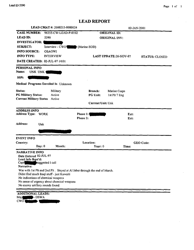 Lead Sheet 5390, Interview with member of 1st and 2nd Platoon EOD, 2 July 1997