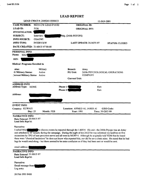 Lead Sheet 5156, Interview of 245th PSYOPS Detachment commander, May 20, 1997