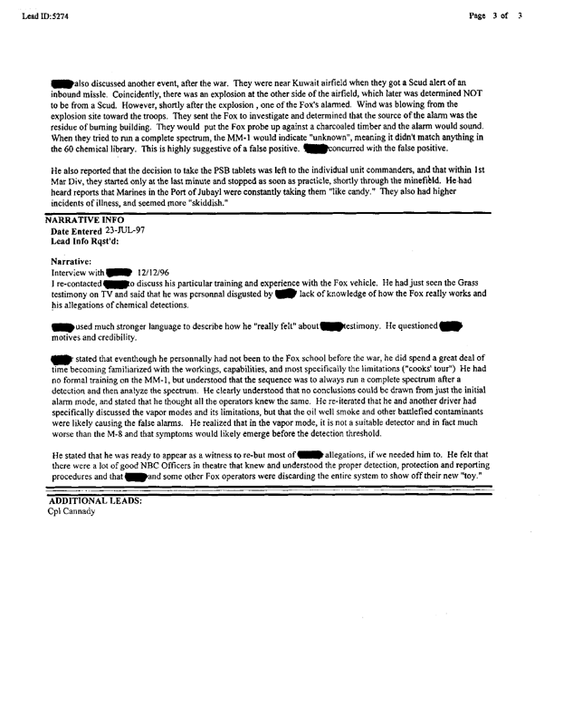 Lead Sheet 5274, Interview with 1st MarDiv NBC Officer, 13 June 1997