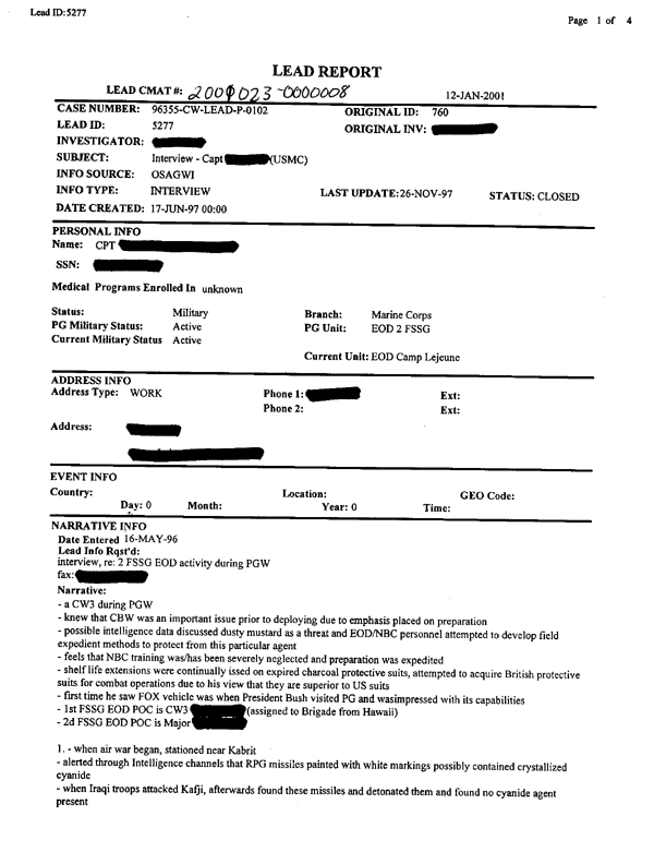 Lead Sheet 5277, Interview with OIC 1st Platoon, 2 FSSG EOD, 16 May 1996 and 17 June 1997