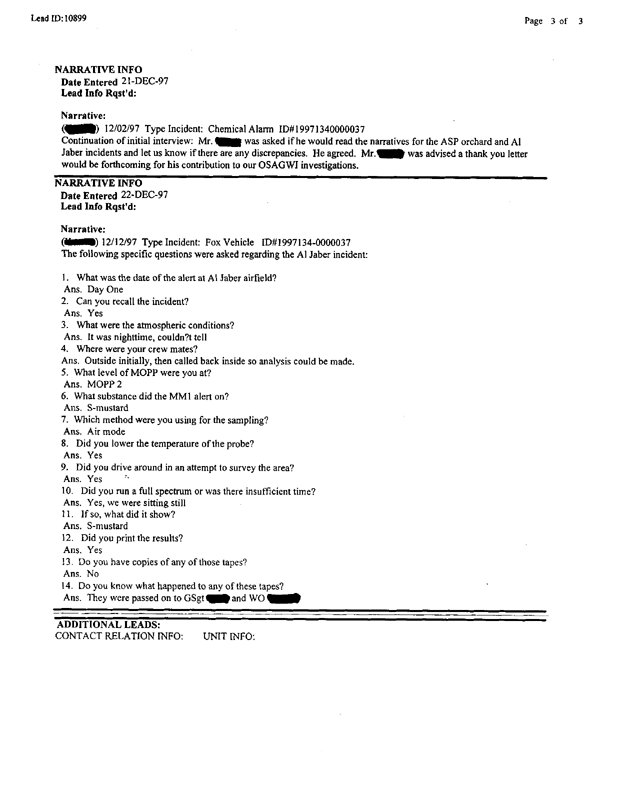 Lead Sheet 10899, Interview of MM-1 operator, December 12, 1997