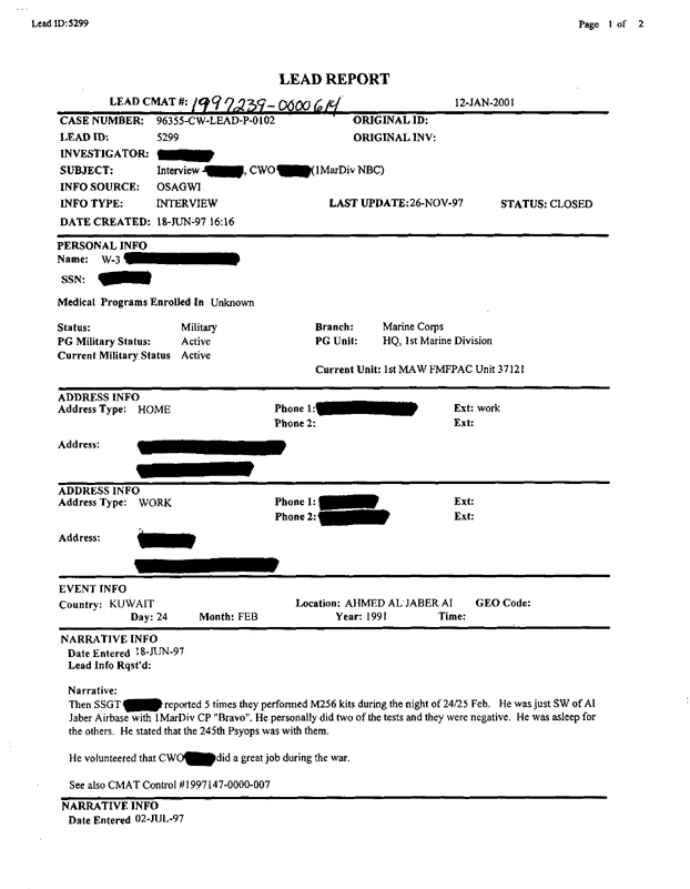 Lead Sheet 5299, Interview with 1st MarDiv NBC NCO, June 17, 1997