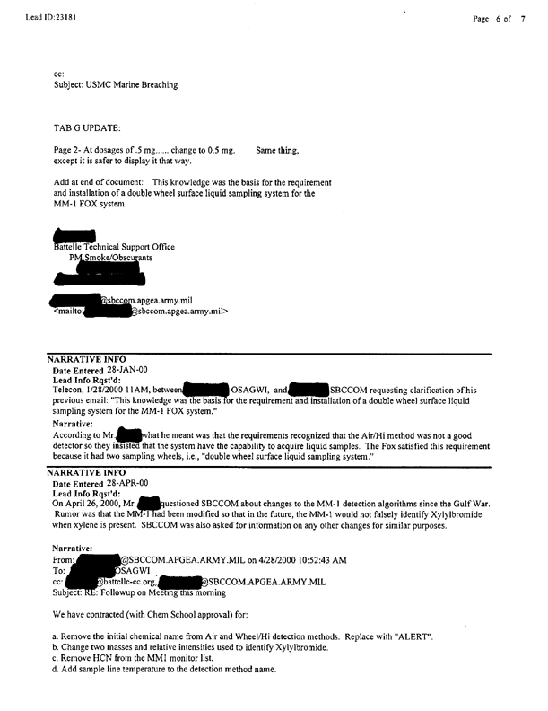 Lead Sheet 23181, Meeting with Fox subject matter experts, May 6, 1999