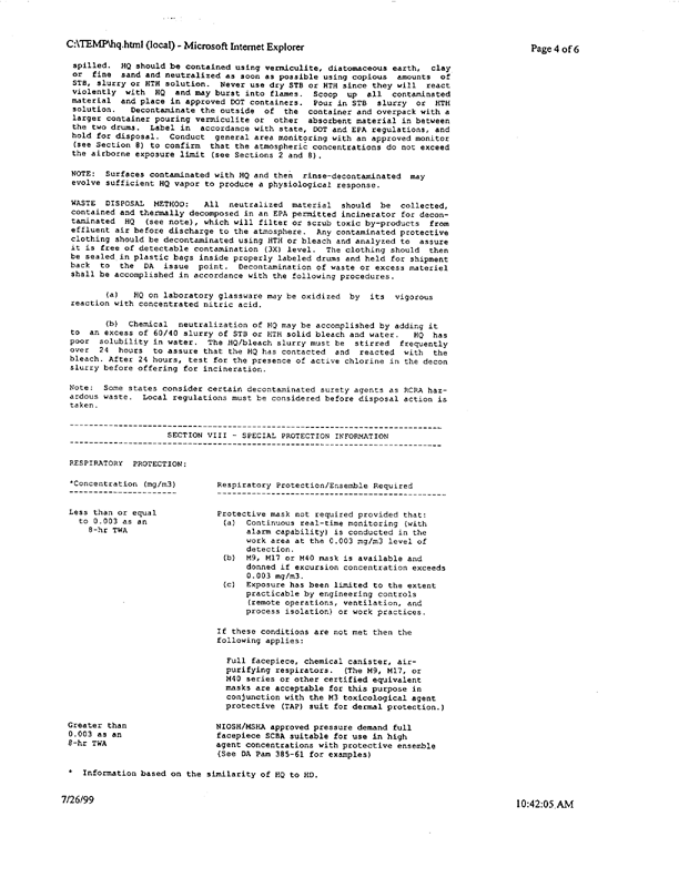 US Army Material Safety Data Sheet on HQ Mustard, Aberdeen Proving Ground, MD, June 30, 1995.