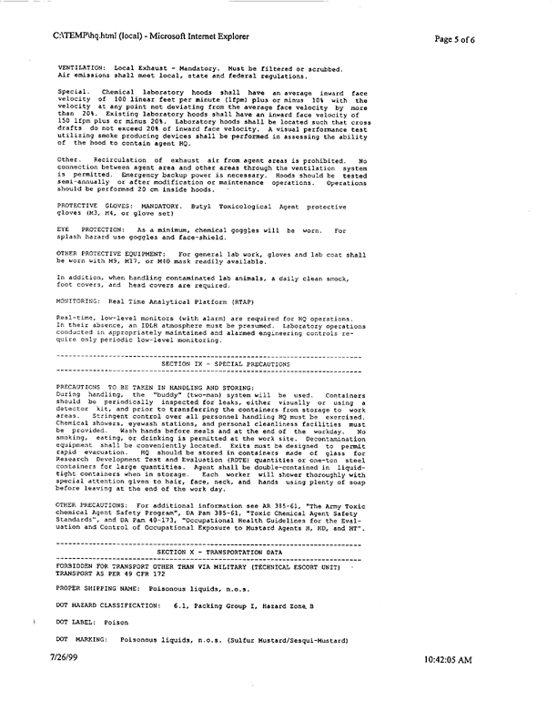 US Army Material Safety Data Sheet on HQ Mustard, Aberdeen Proving Ground, MD, June 30, 1995.