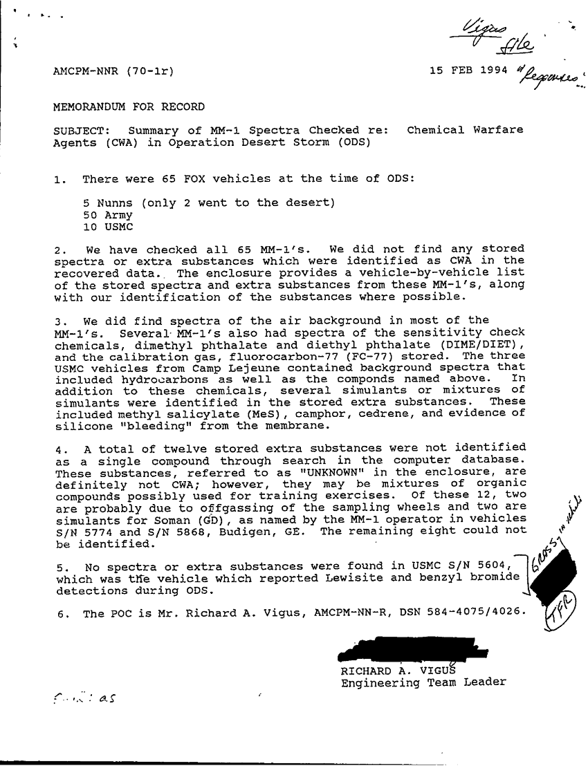 US Army Chemical Biological Defense Command Memorandum for Record, Subject: "Summary of MM-1 Spectra Checked re: Chemical Warfare Agents (CWA) in Operation Desert Storm (ODS)," February 15, 1994. 