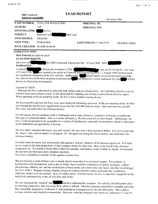 Lead Sheet #748, Interview of MM-1 subject matter expert, US Army Chemical and Biological Defense Command, April 30, 1996, p. 2. 