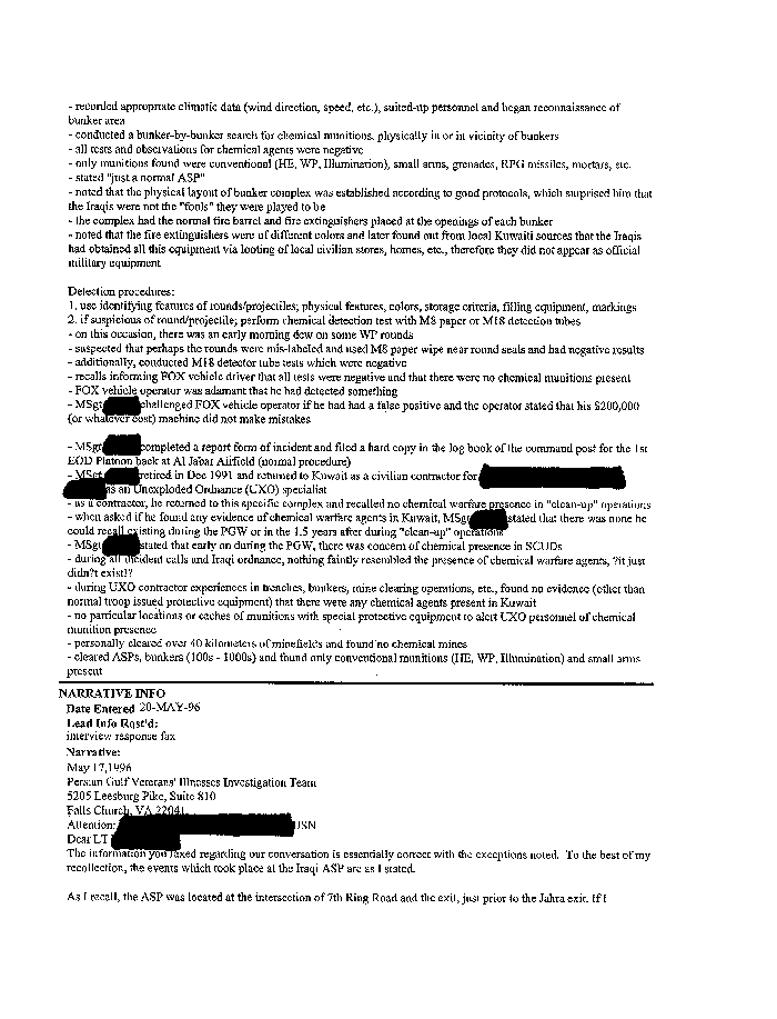 Lead Sheet #5293, Interview of team leader, 1st Force Service Support Group Explosive Ordnance Disposal Platoon, 7th Engineer Support Battalion, May 17, 1996, p. 2. 