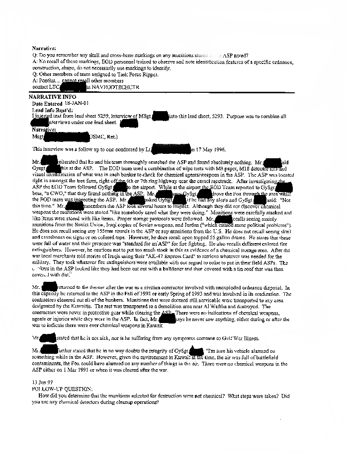 Lead Sheet #5293, Interview of team leader, 1st Force Service Support Group Explosive Ordnance Disposal Platoon, 7th Engineer Support Battalion, May 17, 1996, p. 2. 