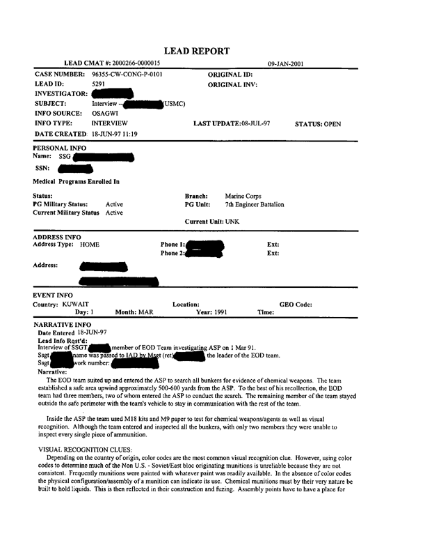 Lead Sheet #5291, Interview of team member, 1st Force Service Support Group Explosive Ordnance Disposal Platoon, 7th Engineer Support Battalion, June 18, 1997, p. 2.  