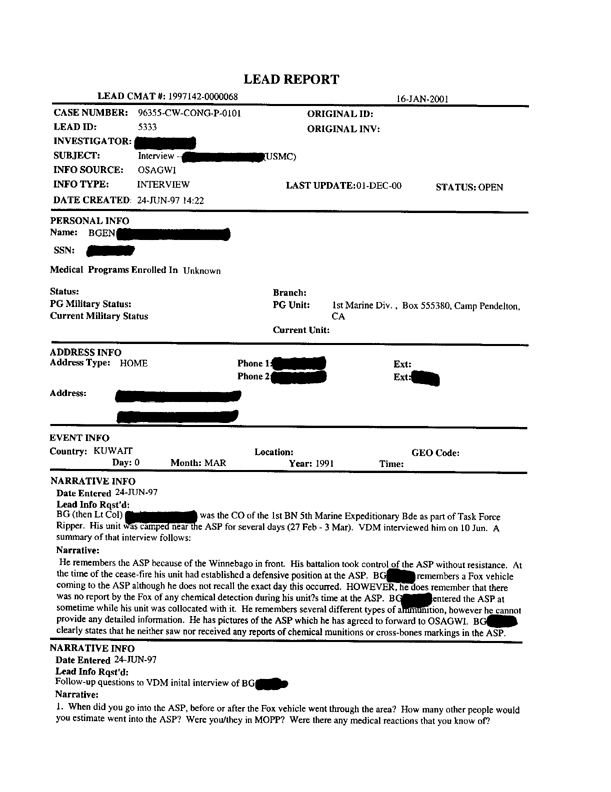 Lead Sheet #5333, Interviews of commanding officer, 1st Battalion, 5th Marine Regiment, June 10 and 24, 1997, and March 29, 2000.  