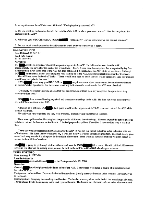 Lead Sheet #5333, Interviews of commanding officer, 1st Battalion, 5th Marine Regiment, June 10 and 24, 1997, and March 29, 2000, p. 2.