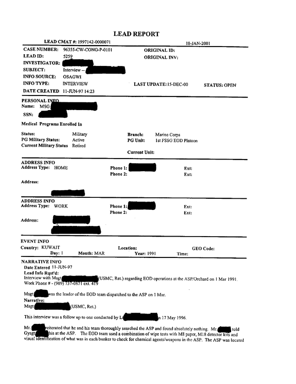 Lead Sheet #5259, Interview of team leader, 1st Force Service Support Group Explosive Ordnance Disposal Platoon, 7th Engineer Support Battalion, June 11, 1997, p. 1, 2.