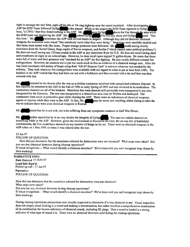 Lead Sheet #5259, Interview of team leader, 1st Force Service Support Group Explosive Ordnance Disposal Platoon, 7th Engineer Support Battalion, June 11, 1997, p. 1, 2.