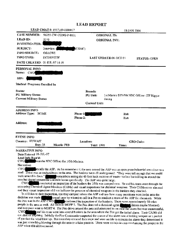 Lead Sheet #5370, Interview of nuclear, biological, and chemical officer, 1st Battalion, 5th Marine Regiment, July 1, 1997, p. 1.  