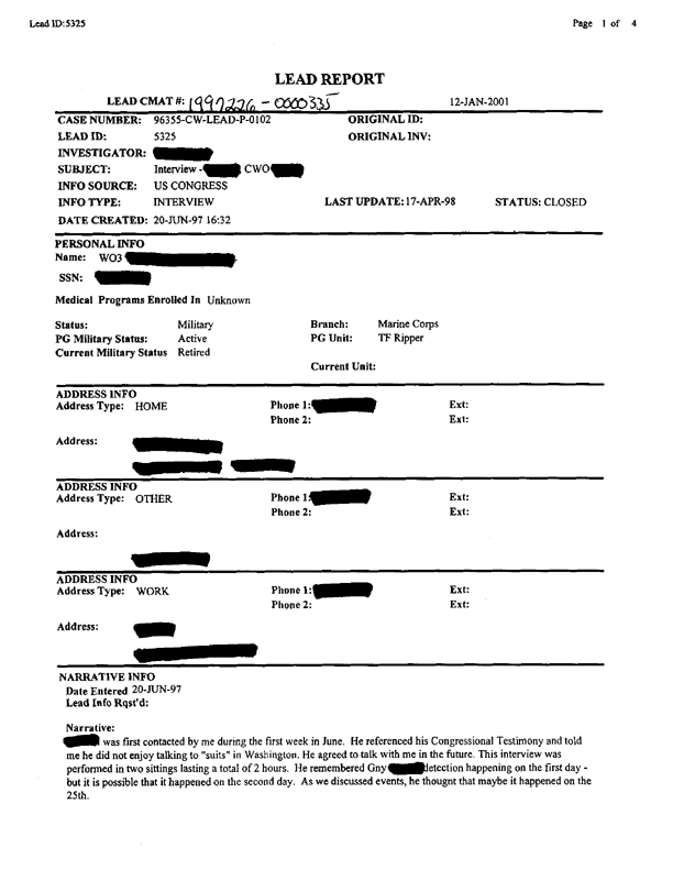 Lead Sheet #5325, Interview of Task Force Ripper nuclear, biological, and chemical officer, June 18, 1997, p. 2.
