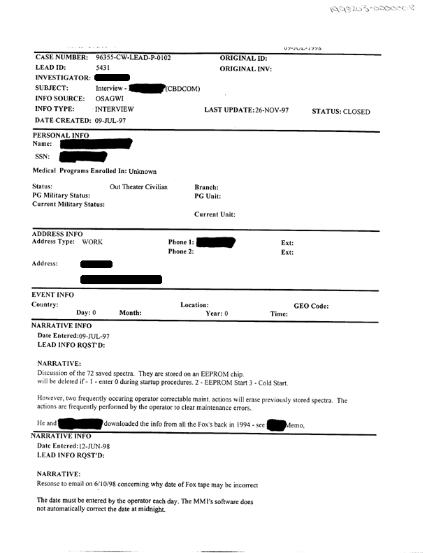 Lead Sheet #5431, Interview of Fox expert, US Army Chemical and Biological Defense Command, July 9, 1997, p. 1.