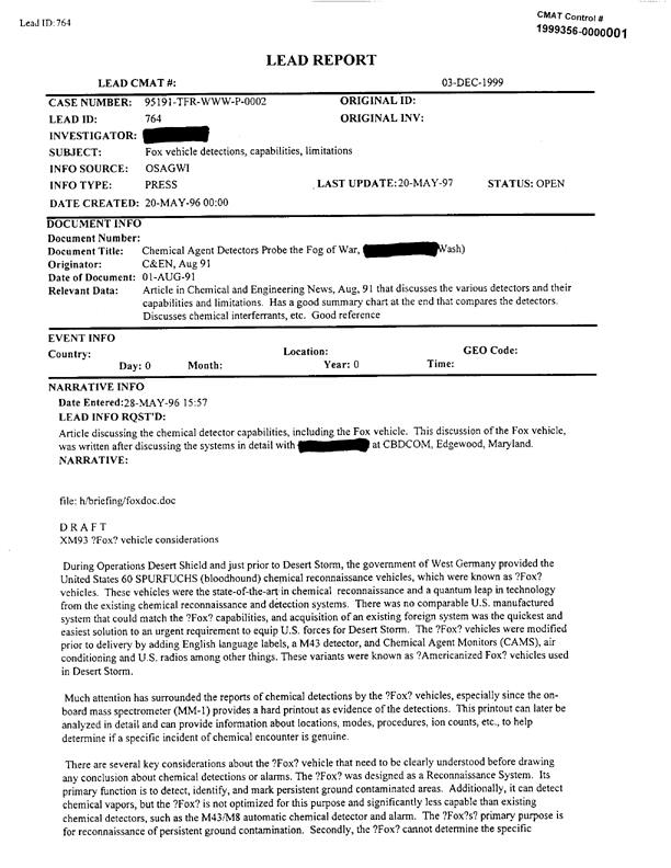 Lead Sheet #764, Interview of Fox expert, Chemical and Biological Defense Command, May 28, 1996, p. 2. 
