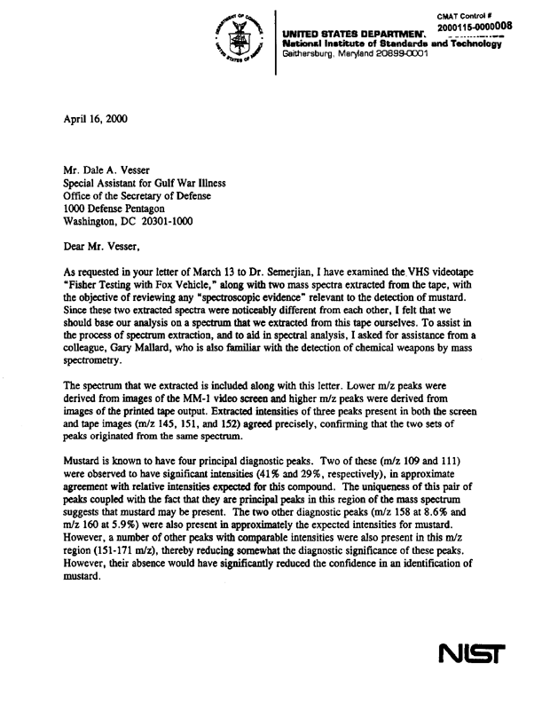 Letter from National Institute of Standards and Technology, April 16, 2000.