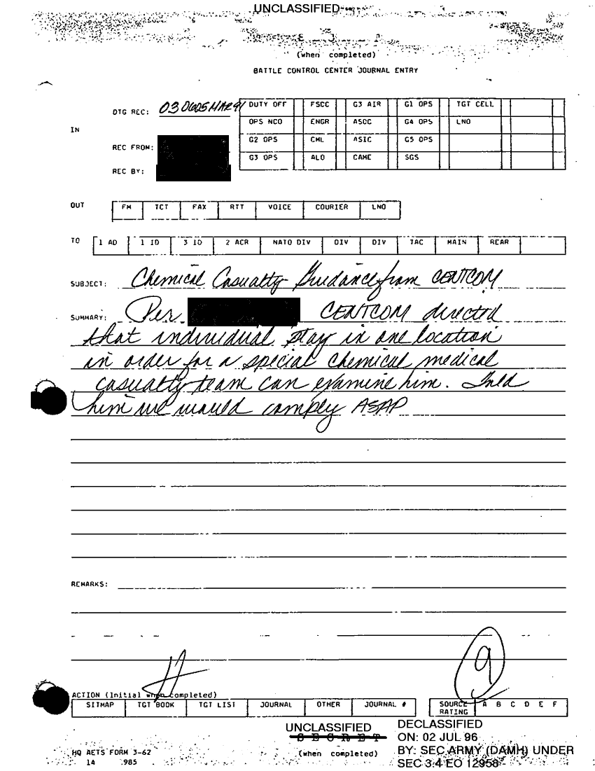 VII Corps Battle Control Center Journal Entry, Subject: "Chemical Casualty Guidance from CENTCOM" 6:05 AM, March 3, 1991. 