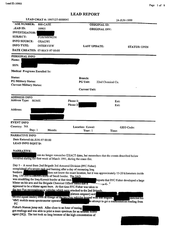 Lead Sheet 10905, Interview of Fox vehicle company commander, 22nd Chemical Company, June 6, 1997
