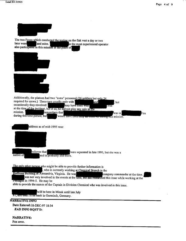 Lead Sheet 10905, Interview of Fox vehicle company commander, 22nd Chemical Company, June 6, 1997