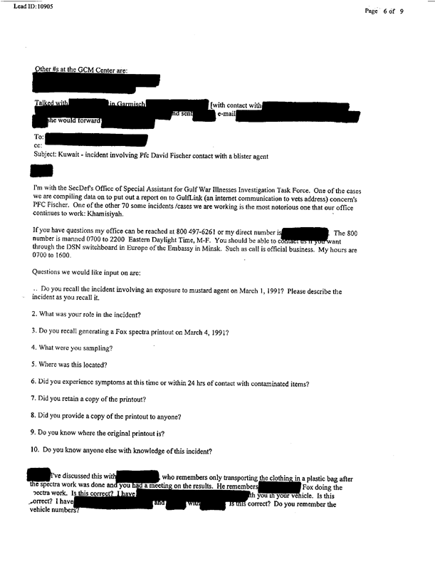 Lead Sheet 10905, Interview of Fox vehicle company commander, 22nd Chemical Company, June 6, 1997