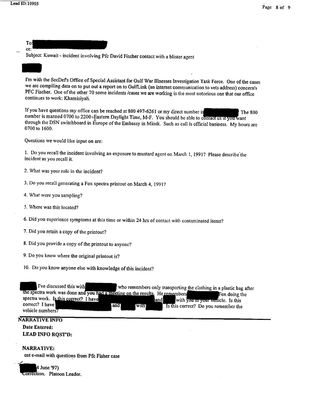 Lead Sheet 10905, Interview of Fox vehicle company commander, 22nd Chemical Company, June 6, 1997

