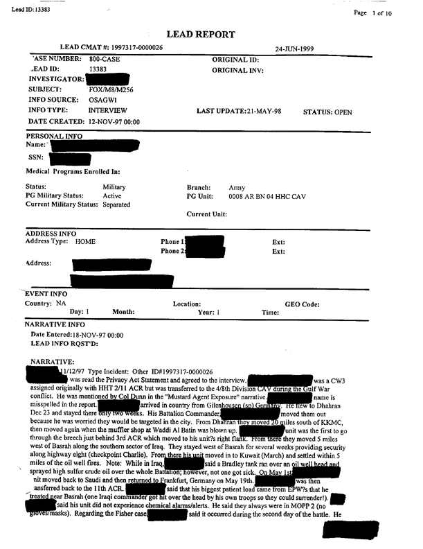 Lead Sheet 13383, Interview of surgical physician's assistant, 4-8th Cavalry, 3rd Armored Division, May 21, 1998