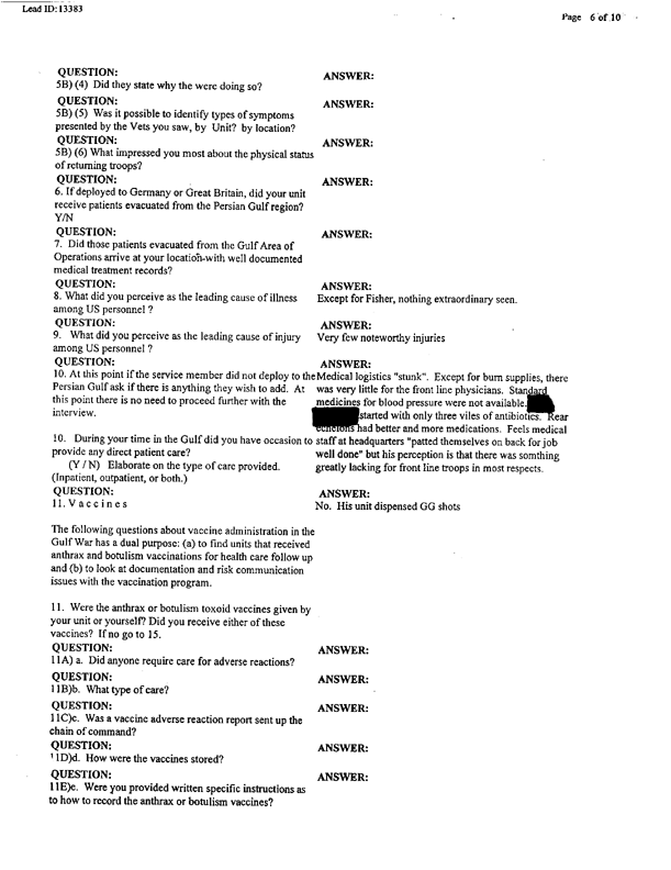 Lead Sheet 13383, Interview of surgical physician's assistant, 4-8th Cavalry, 3rd Armored Division, May 21, 1998