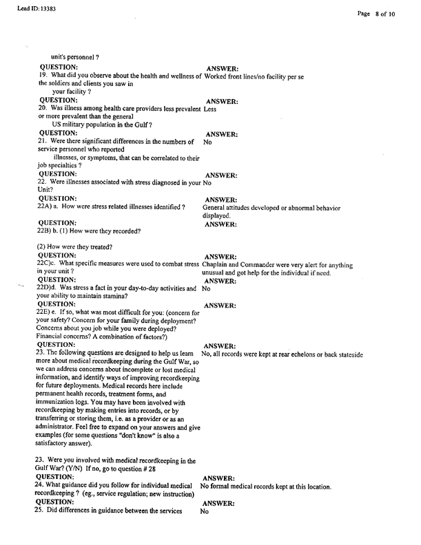 Lead Sheet 13383, Interview of surgical physician's assistant, 4-8th Cavalry, 3rd Armored Division, May 21, 1998