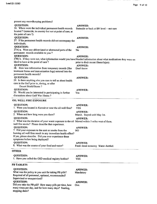 Lead Sheet 13383, Interview of surgical physician's assistant, 4-8th Cavalry, 3rd Armored Division, May 21, 1998