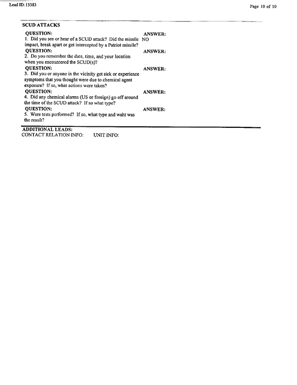 Lead Sheet 13383, Interview of surgical physician's assistant, 4-8th Cavalry, 3rd Armored Division, May 21, 1998