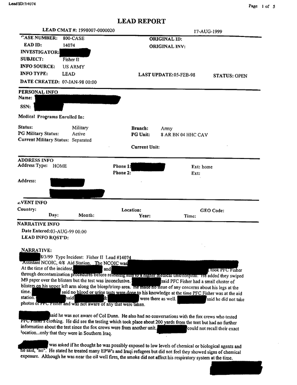 Lead Sheet 14074, Interview of assistant NCOIC, 4-8th Aid Station, August 3, 1999