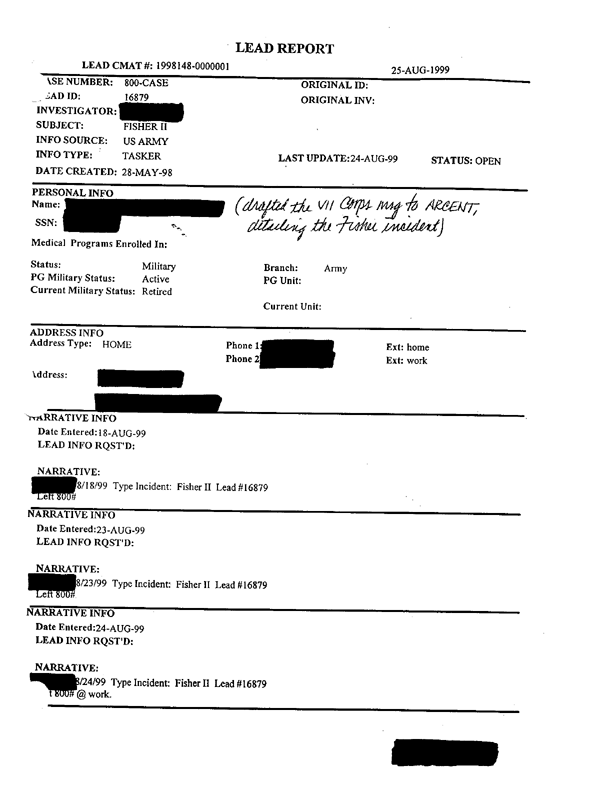Lead Sheet 16879, Interview of division chemical officer, 3rd Armored Division, August 24, 1999