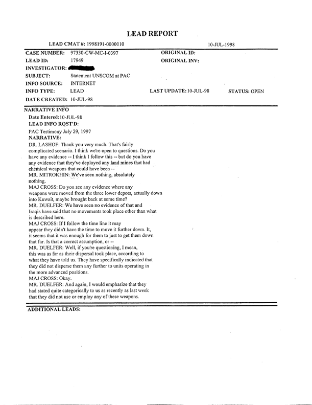 Lead Sheet 17949, Statement by Charles Duelfer, United Nations Special Commision, at Presidential Advisory Committee, July 29, 1997