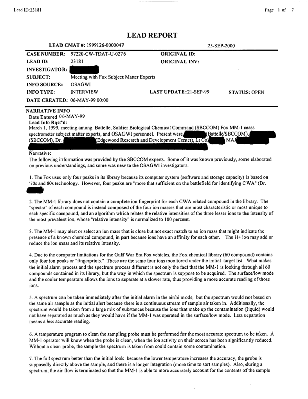 Lead Sheet 23181, Meeting with Fox subject matter experts, May 6, 1999