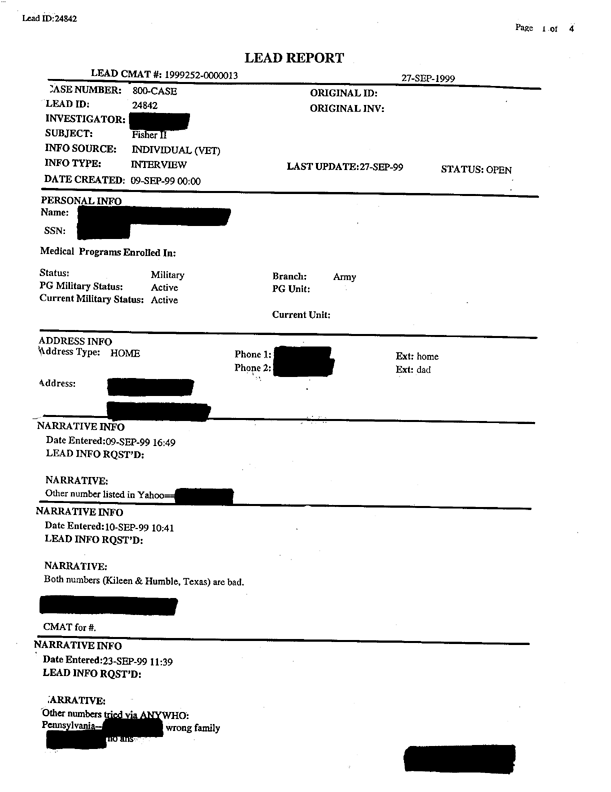 Lead Sheet 24842, Interview of platoon sergeant, 4-8th Cavalry, 3rd Armored Division, September 24, 1999
