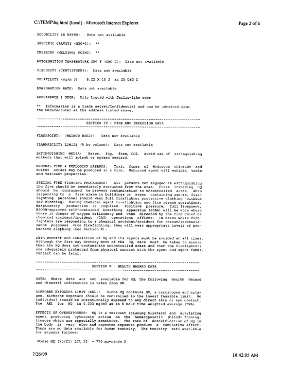 US Army Material Safety Data Sheet on Mustard, HQ, Aberdeen Proving Ground, MD, June 30, 1995. 