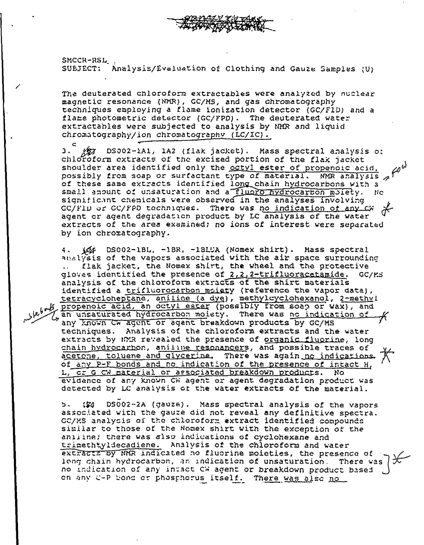 Memorandum for Record, US Army Chemical Research, Development and Engineering Center, Subject: "Analysis/Evaluation of Clothing and Gauze Samples," March 1991. 