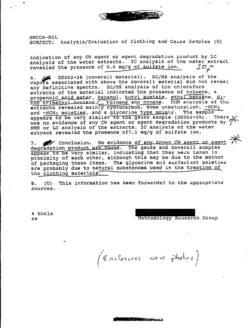 Memorandum for Record, US Army Chemical Research, Development and Engineering Center, Subject: "Analysis/Evaluation of Clothing and Gauze Samples," March 1991. 