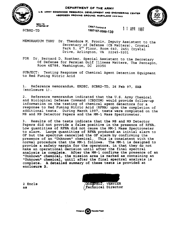 Memorandum from Department of the Army, Chemical and Biological Defense Command, Subject: �
Testing Response of Chemical Agent Detection Equipment to Red Fuming Nitric Acid,� April 11, 1997