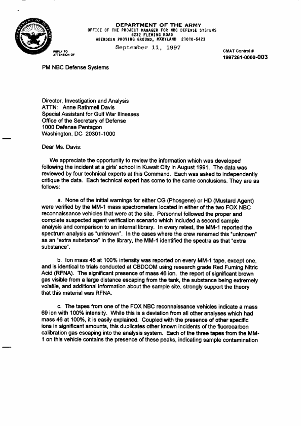 Memorandum from Department of the Army, Office of the Project Manager for NBC Defense Systems, No Subject, September 11, 1997 