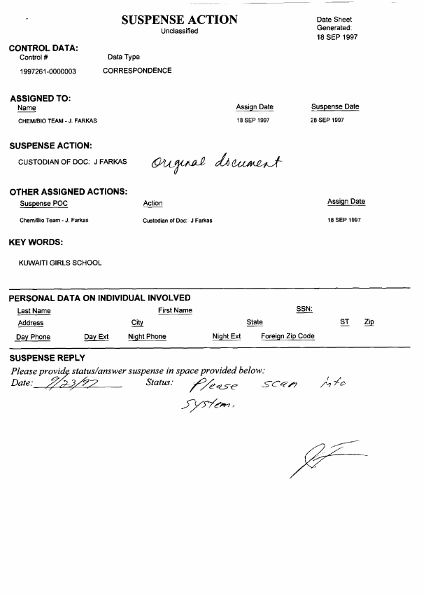 Memorandum from Department of the Army, Office of the Project Manager for NBC Defense Systems, No Subject, September 11, 1997
