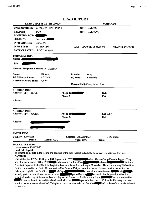 Lead sheet 6430, Interview with senior US EOD officer in theater, October 15, 1997