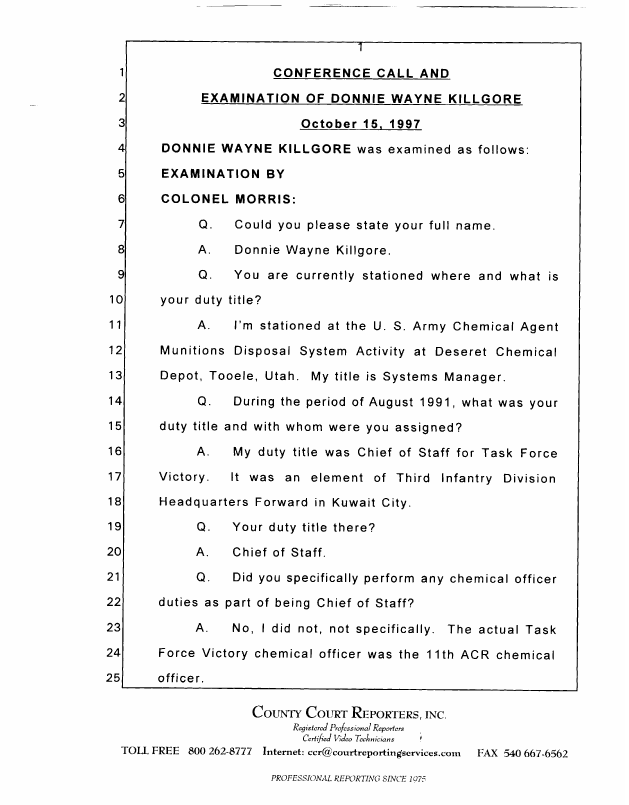 Interview with Lieutenant Colonel Don W. Killgore, October 15, 1997